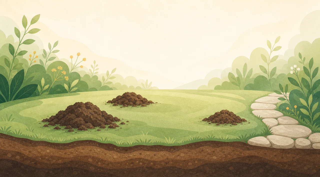 Illustration eines Gartens mit mehreren deutlich sichtbaren Maulwurfshügeln im Rasen